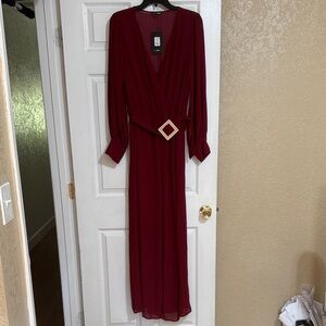 Fashion Nova Burgundy Wrap Jumpsuit with Geometric Buckle